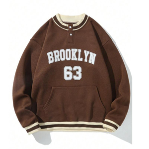 Custom High Quality Winter Men's Neck Letter Hoodies Fleece Trim Half Placket Kangaroo Pocket Thermal Lined Sweatshirt - Product Image 4