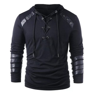 Sweat à capuche d'hiver pour homme avec cordon de serrage en cuir vintage patchwork haut chemisier à manches longues - Product Image 1