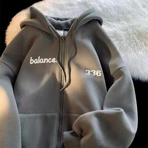 Sudaderas con Capucha para Hombre, Color Gris Oscuro, con Estampado de Letras, Cierre de Cremallera, Bolsillo, Estilo Vintage, Talla Grande, Tejido Grueso - Product Image 1