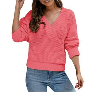 Automne hiver 2024 nouveau pull en cachemire de luxe femmes rose col en v goutte épaule lâche pull en pure laine - Product Image 4