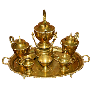 ชุดกาแฟหรือชุดน้ำชาทองเหลืองวินเทจคุณภาพสูง พร้อมลวดลายแกะสลักสวยงาม ขัดเงาสำหรับใช้ในบ้านและโรงแรม - Product Image 2