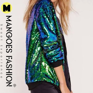 Chaqueta de lentejuelas verdes para mujer de alta calidad de talla grande con cremallera Glitter Bling Bomber prendas de vestir exteriores con tela de lona de algodón con relleno - Product Image 4