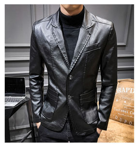 เสื้อแจ็คเก็ตหนังผู้ชายแบบบางสำหรับฤดูใบไม้ร่วง, เสื้อแจ็คเก็ตหนัง PU กระดุมแถวเดียวสีทึบเสื้อโค้ทหนังไซส์ใหญ่พิเศษ - Product Image 5