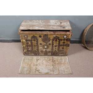 1.2x2.6 ft Rug, Turkish Vintage Rug, <b>Brown</b> Beige Check <b>Wool</b> Rug - Product Image 2