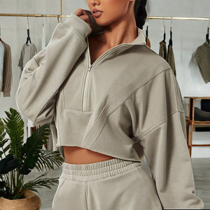 Conjunto de chándal de algodón de manga larga para mujer, sudaderas de gran tamaño con cremallera y cuarto, conjunto de chándales cortos de dos piezas - Product Image 4