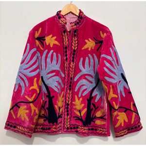 Autumn/<b>Winter</b> Suzani Velvet Embroidery Reversible Bomber Jacket Ladies Custom Logo <b>Quilted</b> Mandarin Collar Full Sleeve Short - Product Image 4