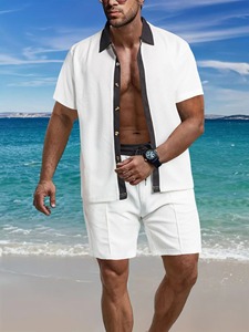 2025 été nouveaux hommes Europe et États-Unis décontracté gaufré chemise de vacances à manches courtes deux shorts ensemble - Product Image 6