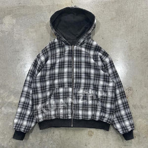 Personalizado lavado ácido bordado 100% algodón francés Terry Zip up chaqueta a rayas franela doble capa Reversible Plaid Sudadera con capucha - Product Image 1