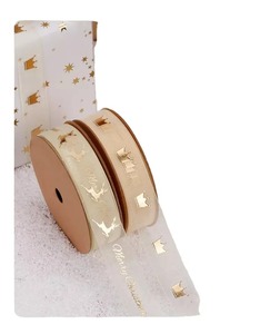 Eco-Friendly Double Face Gold Foil Crown and Star Organza <b>Ribbon</b> 1-1/2 Inch for Gift Packaging - Product Image 1