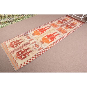 Turkish Rug, 3.7x11 ft <b>Runner</b> Rug, <b>Red</b> Orange Herki Wool Rug - Product Image 2
