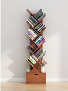 Étagère à livres moderne en bois de manguier avec design polygonal à cinq niveaux, meuble de rangement sur pied pour salon, style minimaliste - Product Image 3