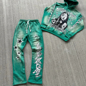 2025 estilo de tendencia personalizado Rhinestone Dtg estampado Logo francés Terry de gran tamaño algodón pesado lavado ácido Sun Faded chándal conjunto - Product Image 3