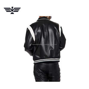 High Quality Custom Men Black Faux Leather Coated Stand Collar Winter Varsity Jacket Snap <b>Button</b> Streetwear - Product Image 6