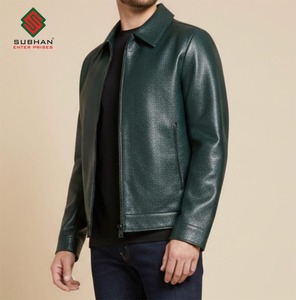 Blouson aviateur en cuir synthétique vert olive, décontracté d'hiver, col mandarin, fermeture éclair, uni - Product Image 5