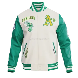 เสื้อคลุมสไตล์วินเทจคลาสสิก ผ้าริบขนสัตว์ คอตั้ง ปักโลโก้ด้านหน้า แขนหนังสีเขียว สไตล์ลำลองสำหรับผู้ชาย ใส่ได้ในฤดูหนาว - Product Image 1