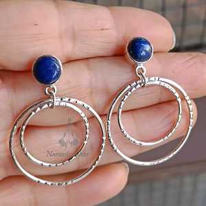 Boucles d'oreilles pendantes à double anneau en argent sterling 925, faites à la main, avec lapis-lazuli, pierre précieuse bleue naturelle unique, pour cadeau - Product Image 1