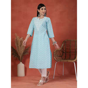 Women's Trendy Embroidered Neck Straight Kurta Crocheted Breathable Knee-Length <b>Dress</b> <b>One</b> <b>Size</b> Fits All for Special Daily Use - Product Image 4