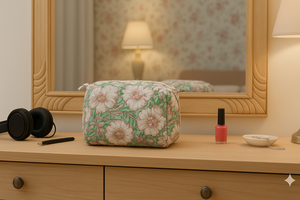 Pochette de toilette vintage en coton matelassé imperméable et écologique, motif floral vert, fermeture éclair, étui à cosmétiques durable, rangement pour maquillage - Product Image 4