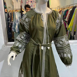 Vestido bordado con diseños ucranianos bohemios de algodón 100%, escote en V profundo, vestido largo decorado con peleas, cintura Natural tejida a mano - Product Image 1