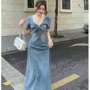 Conjunto informal de 2 piezas de verano para mujer Jean Packaging Roptop Top con patrón sólido de longitud larga Precio de fácil uso de Vietnam M - Product Image 5