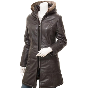 Veste en cuir longue à capuche pour femme, fabriquée en usine, avec fermeture éclair, respirante et pour la saison d'automne, prix avantageux - Product Image 1