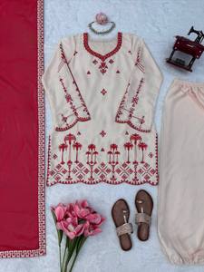Designer Roman Silk Thread Embroidery <b>Top</b> Fully Stitched Harem Salwar Elegant <b>Lace</b> Border Four Side <b>Lace</b> Faux Georgette Dupatta - Product Image 6