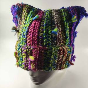 Gorro de lana con borlas en contraste, diseño de orejas de gato, unisex, de punto grueso y cálido para el frío - Product Image 3
