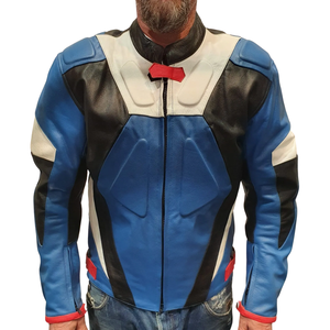 Chaqueta de carreras de cuero de vaca genuino para hombre, protecciones de moto de invierno impresas de talla grande disponibles, colores negro/azul/blanco para - Product Image 1