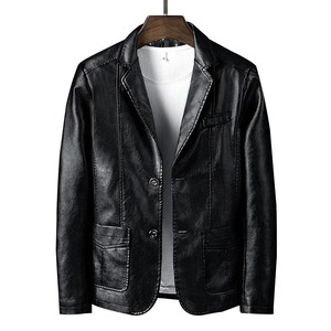 Chaquetas de cuero para hombre, abrigos de manga larga ajustados, chaqueta con cuello vuelto empalmado de un solo pecho, chaqueta Punk informal para hombre de otoño - Product Image 3
