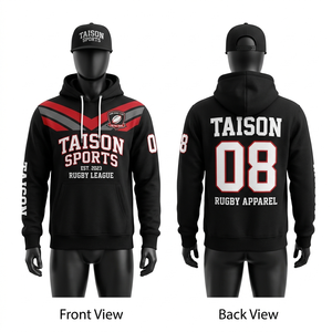 Hoodie de rugby en molleton de coton et polyester premium 320 GSM, bleu, avec empiècements contrastés, logo personnalisé brodé et transfert thermique. - Product Image 2