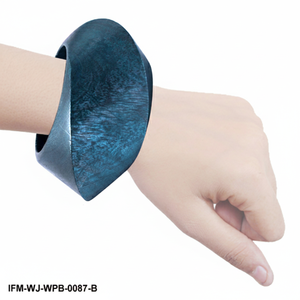 Hand-Carved Wooden <b>Bangle</b> <b>Bracelet</b> Bold Chunky Teal Blue Painted Cuff Wide Abstract Geometric Wood Jewelry for Women - Product Image 2