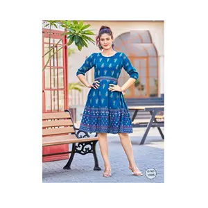 Top Quality Designer Heavy Rayon Print kurti with Belt and Elastic Sleeve Available at Wholesale Price