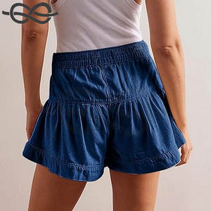 Pantalones cortos de mezclilla con dobladillo y volantes de cintura alta para mujer, pantalones cortos de mezclilla acampanados de pierna ancha, bolsillos elásticos, diseño elegante, informal, Verano - Product Image 4