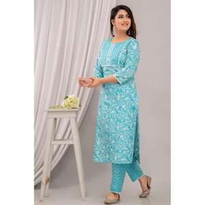 ชุด kurta พิมพ์ลายดอกไม้สีฟ้าอ่อนของผู้หญิงพร้อมกางเกงและ dupatta ที่มีดีไซน์แอกเป็นเอกลักษณ์ - Product Image 5