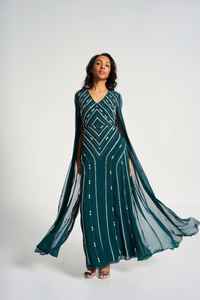 Manches voile avec la robe maxi col en v robe perlée avec les perles et sequin couleur vert sarcelle du cocktail et du soir - Product Image 2