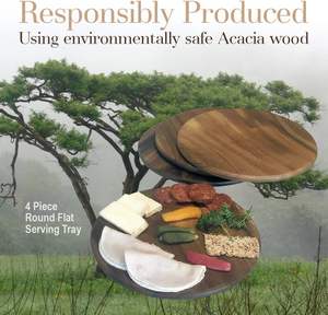 Ensemble de 4 assiettes rondes en bois d'acacia de 9 po pour servir du pain de charcuterie et sushi - Product Image 4
