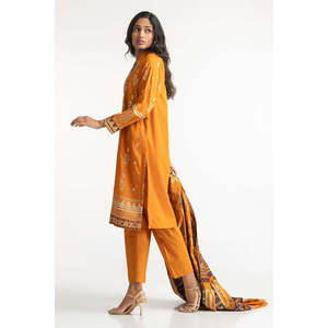 Ensemble de costume brodé en lin 3 pièces couleur moutarde pour femmes - Product Image 5