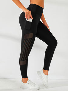Wholesale Women's High Waist Yoga <b>Leggings</b> <b>Butt</b> <b>Lift</b> Black Mesh Sheer Sports Pants Custom Logo XL Size Seamless Pockets Stripes - Product Image 5