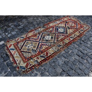 Tapis Turc Vintage Ethnique 3.3 X 9.8ft Rouge Bleu Patchwork Design Classique Grande Surface Laine pour Couloir Rectangle Latex - Product Image 3