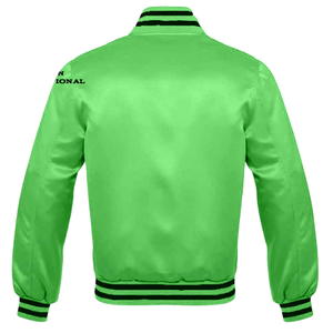 Chaquetas universitarias de alta calidad de satén brillante para hombres Logotipo personalizado Moda callejera OEM Estilo de béisbol Cremallera Cuello alto - Product Image 4