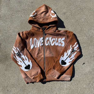 Distressed Embroidery Custom All Over Print Puff Printing Cotton Zipup Hoodie <b>Zipper</b> Heavyweight Fleece Full Zip up Hoodie - Product Image 6