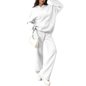 ชุดเซ็ตเสื้อฮู้ดดี้และกางเกงวอร์มผ้าฝ้ายฟลีซคุณภาพสูงสำหรับผู้หญิง ดีไซน์พิเศษ ทรงโอเวอร์ไซส์ ไหล่ตก สไตล์แทรคสูท - Product Image 2