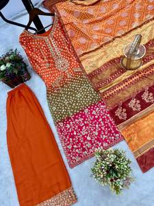 100% tissu de soie pure Chinon travail de séquence de broderie lourde imprimé numérique magnifique Salwar Kameez avec ensemble Dupatta assorti - Product Image 6