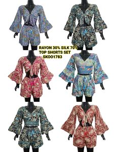 ชุดเสื้อผ้าไหมสังเคราะห์กางเกงขาสั้นเข้าคู่กับ30% ผ้าระดับไฮเอนด์แฟชั่นใหม่ชุดผ้าเรยอนนุ่มลื่นระบายอากาศได้ดีสำหรับผู้หญิง - Product Image 2