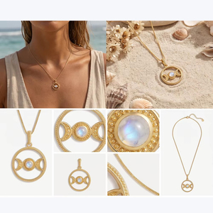 Cadenas de Moda con Baño de Oro de 18K y Piedra Lunar Natural de Latón Triple Luna, Energía de la Diosa, Regalo para Rituales de Adivinación, Venta al por Mayor, MOQ Bajo - Product Image 5