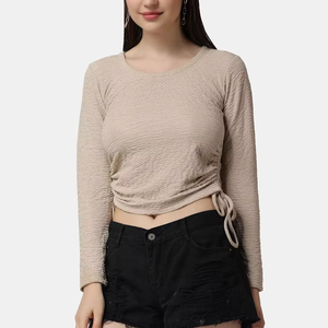 Top corto de manga larga de algodón de alta calidad para mujer con nuevo diseño de cordón, ropa de cuello corto para verano, estampado, comodidad - Product Image 1
