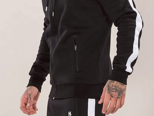 Survêtement en coton polyester de couleur noire à fermeture éclair coupe fuselée avec rayures blanches latérales et logo personnalisé - Product Image 6