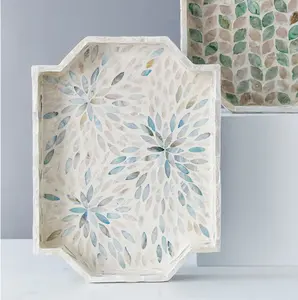 Plateau de service à incrustation de nacre au Design Unique avec poignées plateau décoratif Capiz en mosaïque pour cadeau Eid Ramadan - Product Image 5