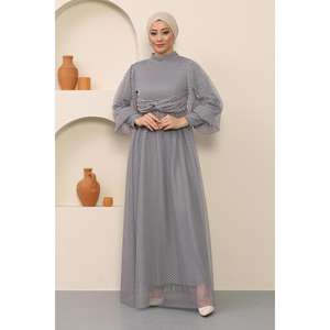 Grey MSW12238-5 Evening Dress with Pearl Detail <b>Tulle</b> <b>Material</b> Polka Dot Pattern Maxi Length Natural Waistline - Product Image 4