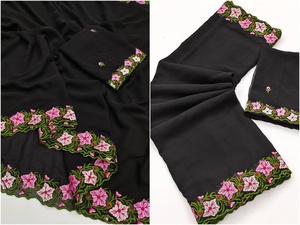 Elegante saree de diseñador para mujer con bordado floral en el borde, tela suave con blusa, ideal para bodas, fiestas y ocasiones festivas. - Product Image 4